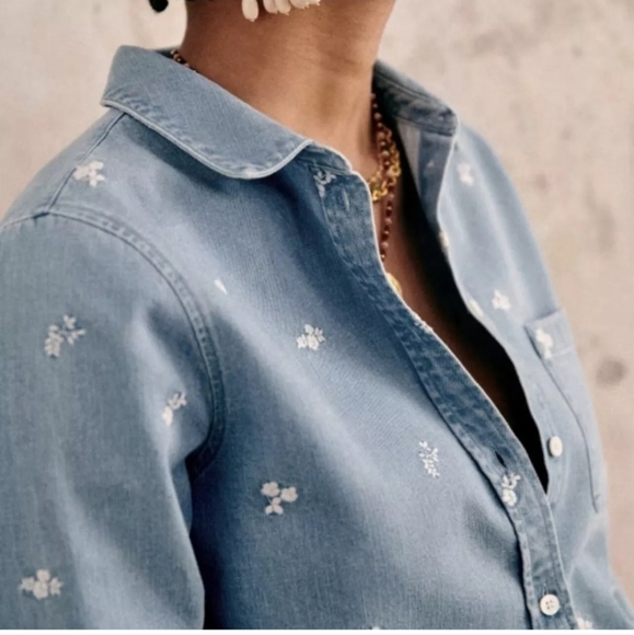 Sezane Tomboy Shirt In Embroidered Denim Sz 34 Us 2 - Picture 11 of 13